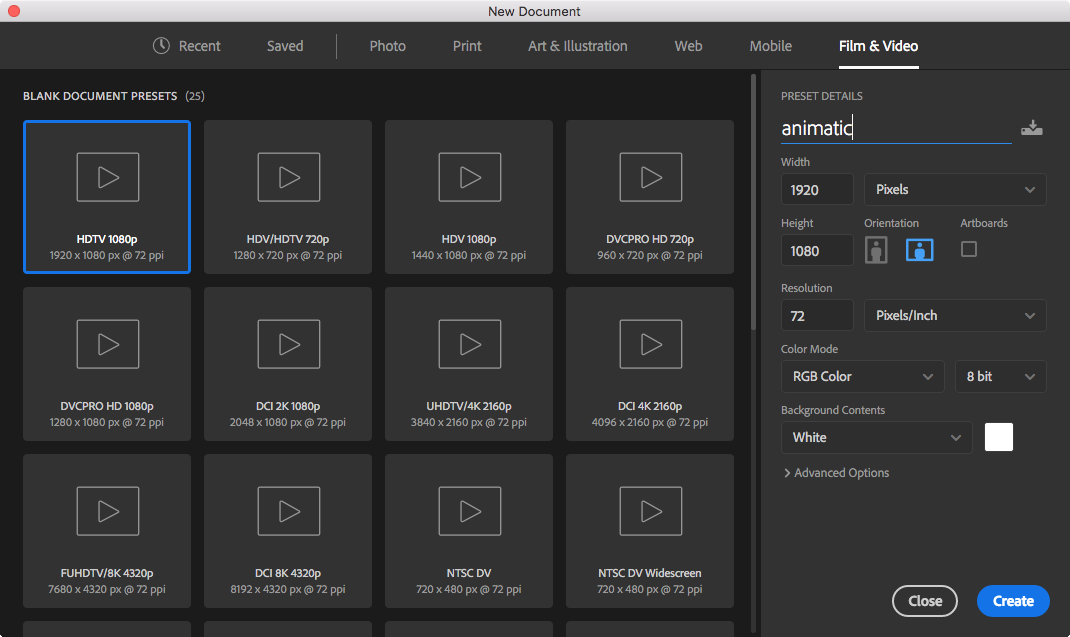 photoshop animatic document setup